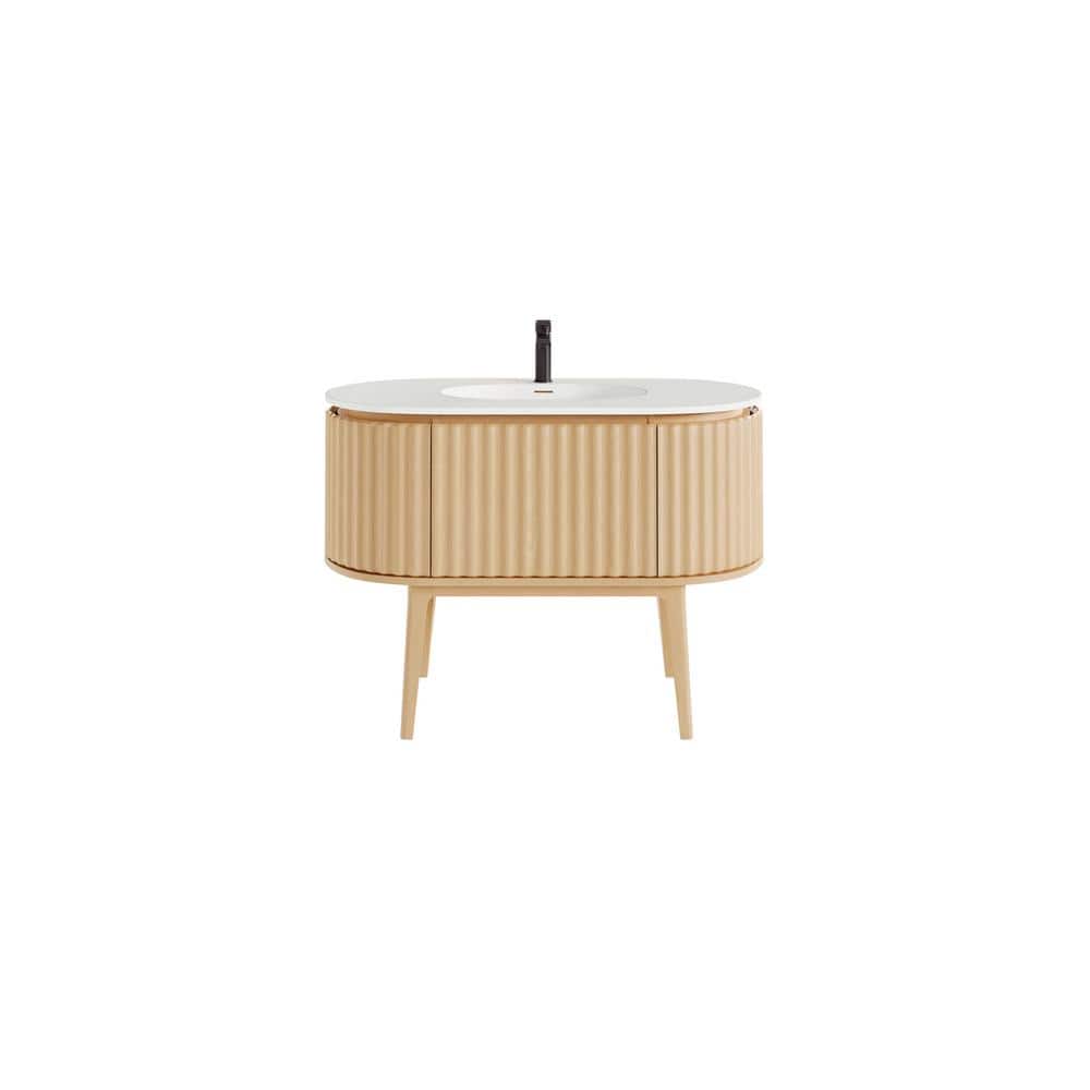 Natural Oak Freestanding Bathroom Vanity with White Solid Surface Top