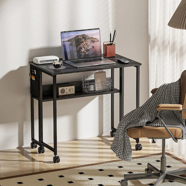 31.5 in. Small Rolling Foldable Writing Table Black Medium Density Fiberboard (MDF) Computer Desk with Casters