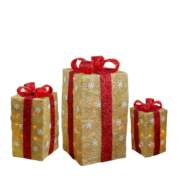 Northlight 18 in. Christmas Outdoor Decorations Lighted Tall Gold Sisal Gift Boxes (3-Pack)