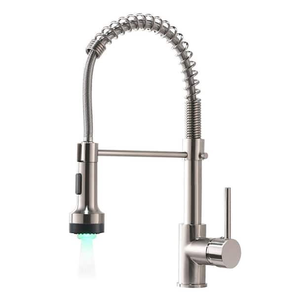 Jushua Single-Handle Pull-Down Sprayer Standard Kitchen Faucet in Sliver with LED