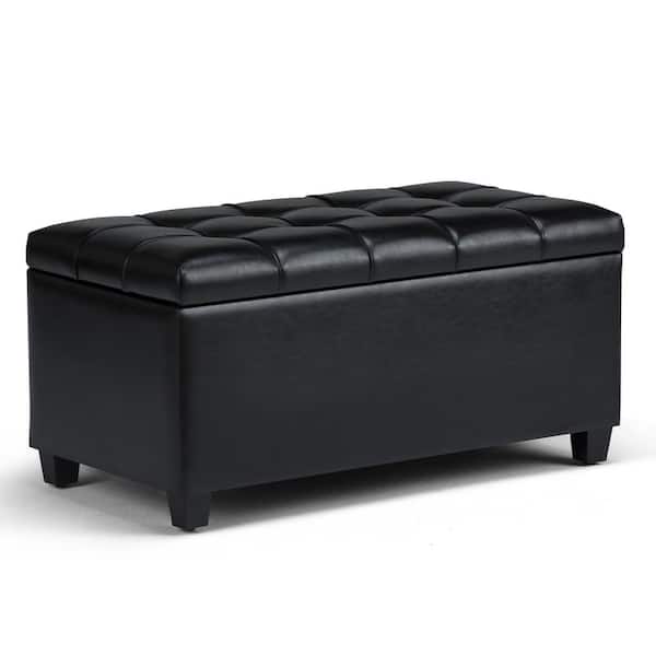 Simpli Home Sienna 33 in. Wide Transitional Rectangle Storage Ottoman Bench in Midnight Black Vegan Faux Leather