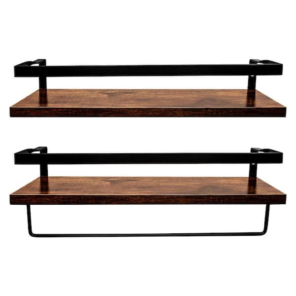 FUNKOL Wall Mounted Dark Brown Kitchen Pantry Organizers Floating Shelves with Hanging Rods, Guard Rails