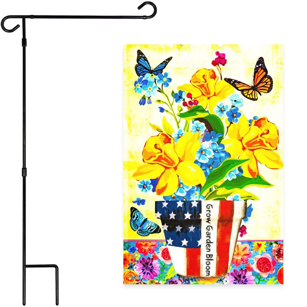1 ft. x 1.5 ft. Polyester Garden Spring Bloom USA Flower Pot with Butterflies with 3 ft. Black Iron Flagpole price history on PriceWatchPro