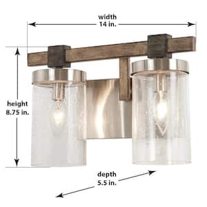 Bridlewood 2-Light Stone Grey with Brushed Nickel Bath Light with Clear Seedy Glass