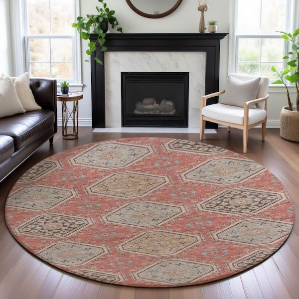 Mayfield Premium Machine Washable Abstract AMF1442 Salmon 8 ft. x 8 ft. Round Rug