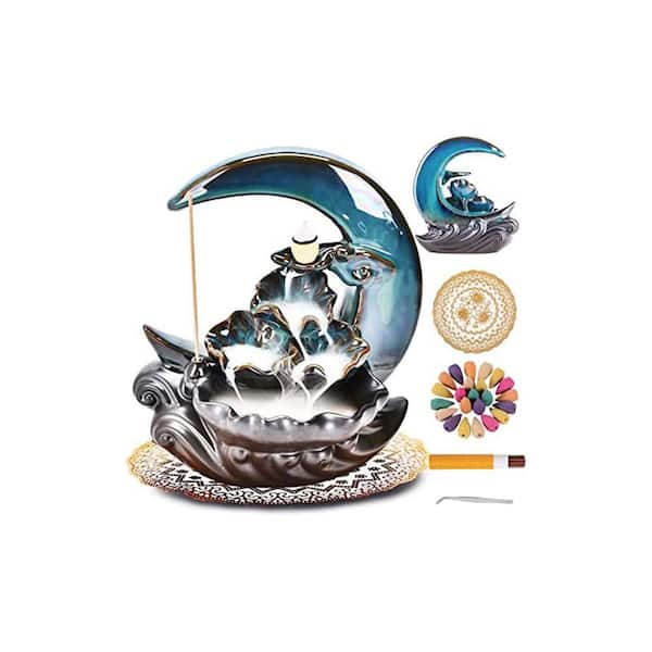 Blue Ceramic Backflow Incense Burner with 100 Cones, 40 Sticks, Tweezers, and Pads