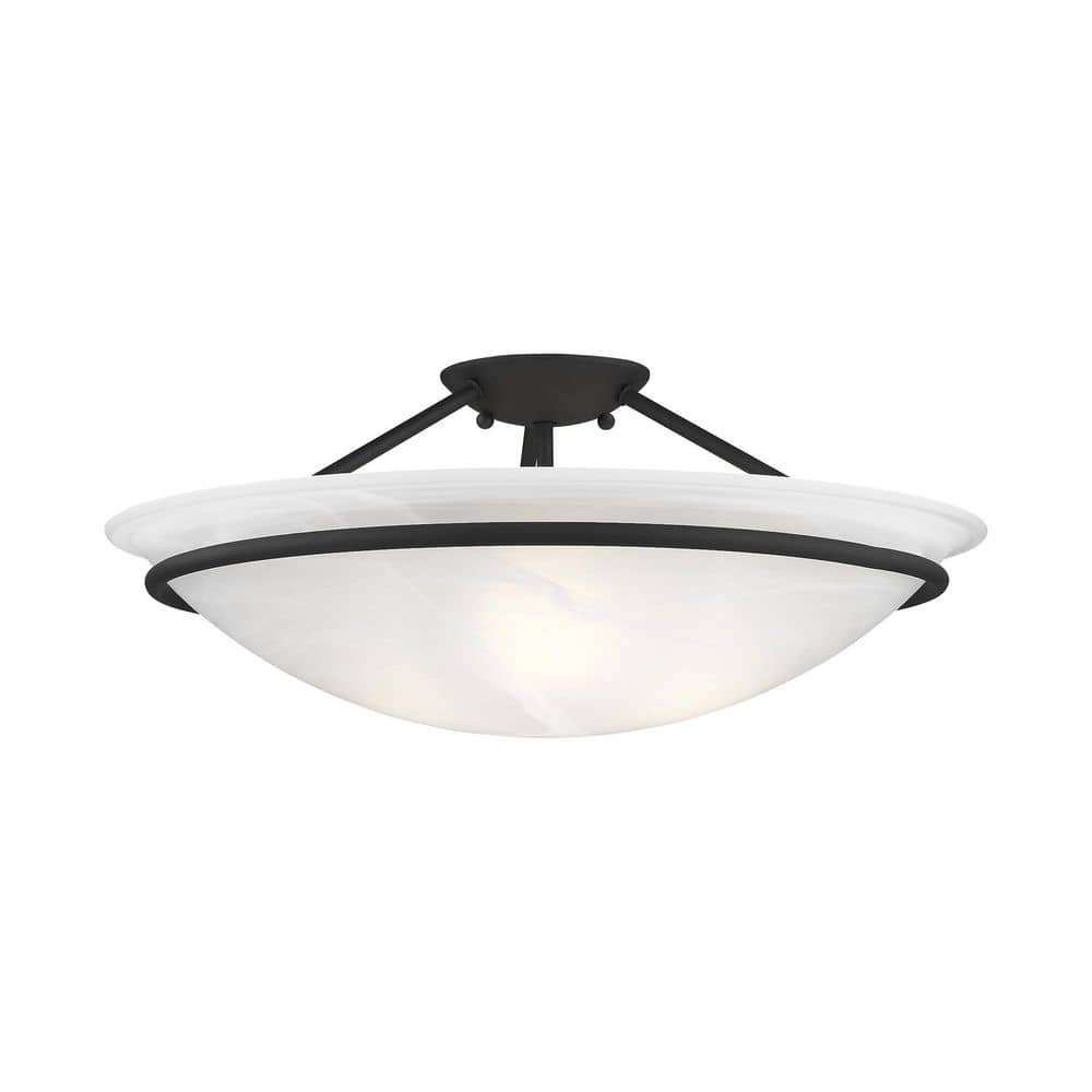 Elegant Alabaster Glass Bowl 3-Light Semi-Flush Mount in Black