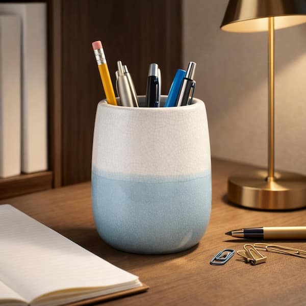 White/Blue 4.25 in. x 5.25 in. Ceramic Decorative 2 Tone Pencil Cup