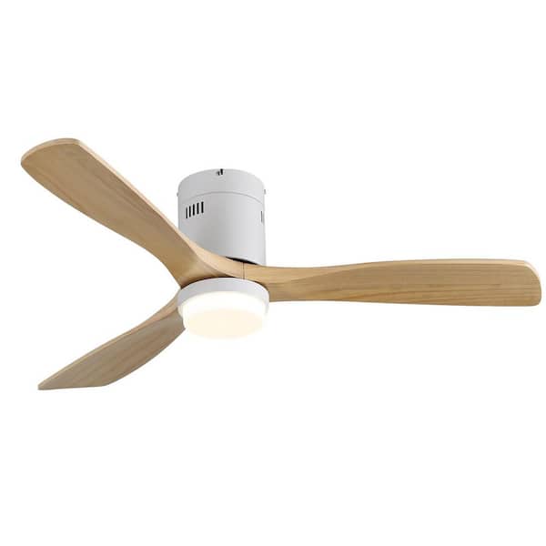 CACI Mall 52 in. Indoor White Flush Mount Wood Ceiling Fan with Light, Adjustable White Integrated LED and Remote Included