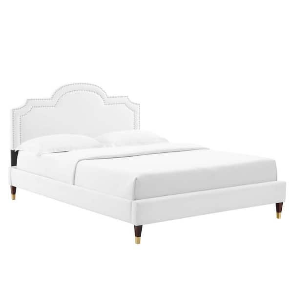 MODWAY Aviana White Performance Velvet Frame Twin Platform Bed with Stain-Resistant Performance Velvet
