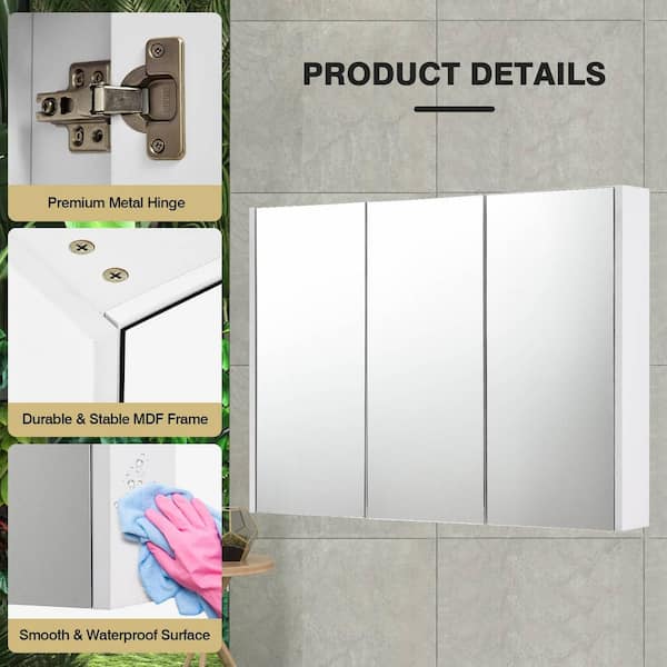 FORCLOVER 3-Door 36 in. W x 25.5 in. H Rectangular White MDF Steel Recessed or Surface Mount Medicine Cabinet with Mirror