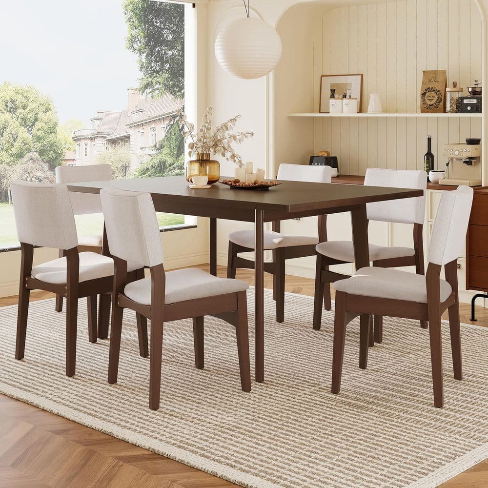 Kirk 7-Piece Walnut + Beige Wood Top Rectangular Dining Set with Fabric Upholstered Dining Chairs, Solid Wood Legs