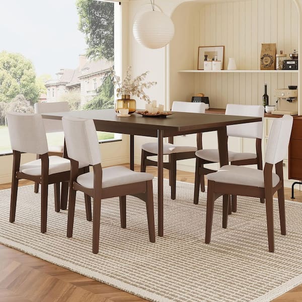 Kirk 7-Piece Walnut Plus Beige Wood Top Rectangular Dining Set with Fabric Upholstered Dining Chairs, Seat 6