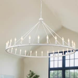 Vyolette 30 - Light 60 in. Distressed White Oversized Modern Farmhouse Candle Wagon Wheel Chandelier for Living Room