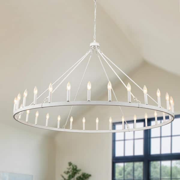 LWYTJO Vyolette 30 - Light 60 in. Distressed White Oversized Modern Farmhouse Candle Wagon Wheel Chandelier for Living Room