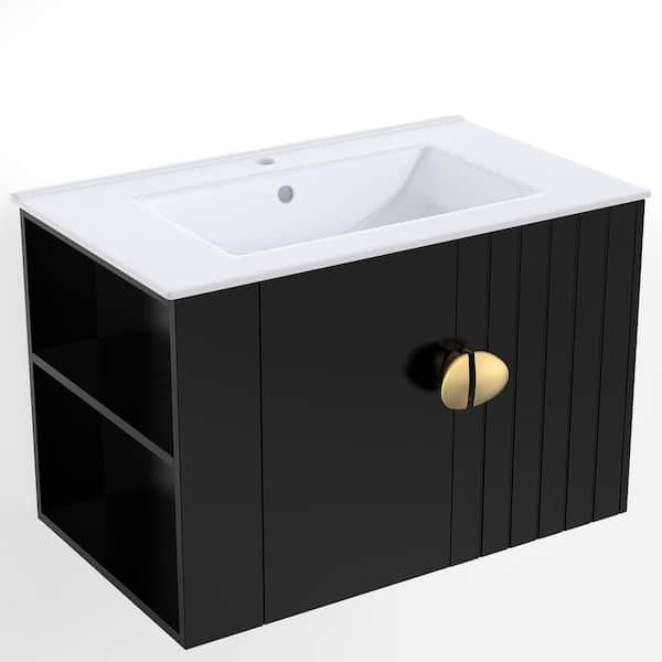 30 in. W Single Sink Floating Bath Vanity in Black with White Ceramic Top Unassembled, 2-Doors and Left Open Shelves