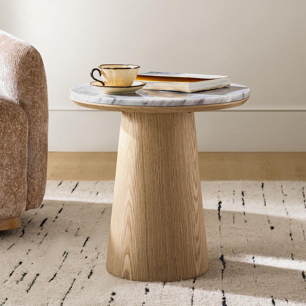 Delphine 19.75 in. Oak Round Marble End Table with Oak Veneer - thumbnail 9
