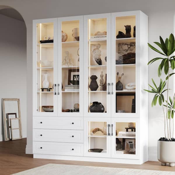 FUFU&GAGA White Paint Finish Wood Storage Cabinet with Tempered Glass Doors, LED Lights, Drawers, Adjustable Shelves