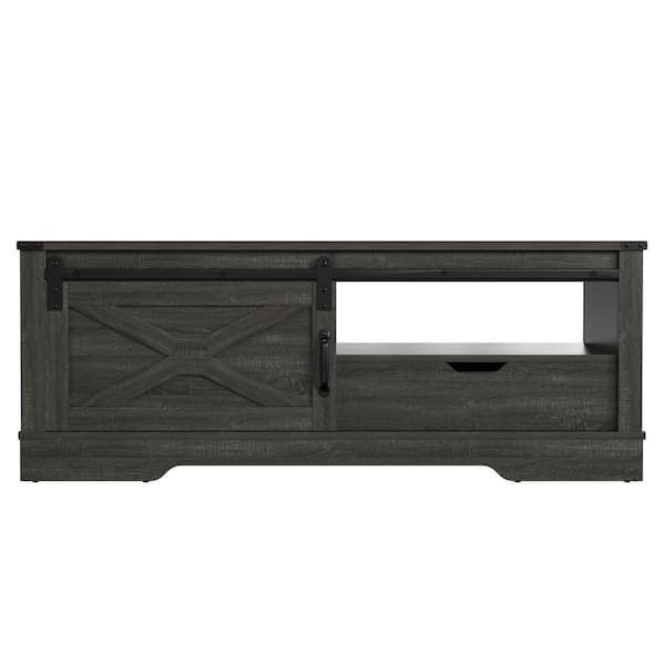 Zeus & Ruta 47.2 in. W Dark Gray Rectangular Engineered Wood Coffee Table with Farmhouse Sliding Barn Door for Garden and Backyard