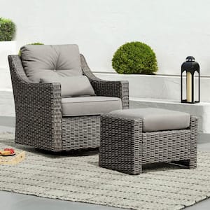 Thaddeus Grey Fabric 360° Rocking Swivel Wicker Accent Chair and Ottomans with Gray Cusions for Living Room or Backyard