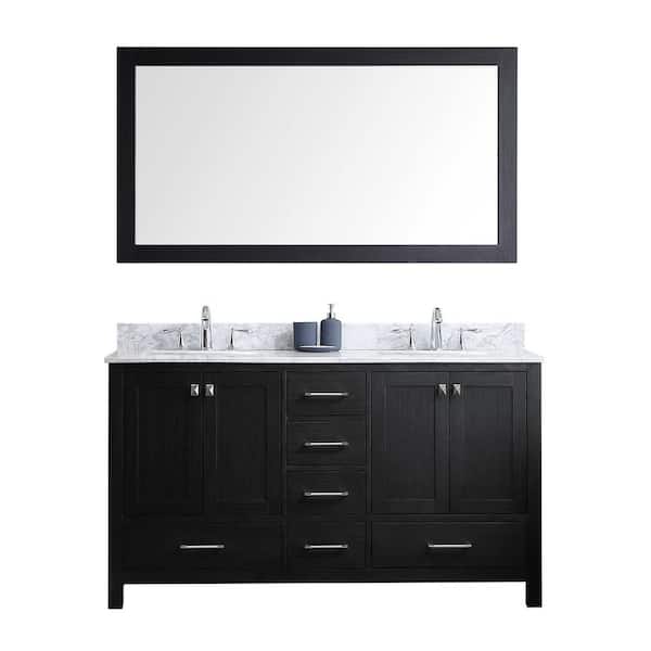 Virtu USA Caroline Premium 60 in. W Bath Vanity in Zebra Gray with Marble Vanity Top in White with Round Basin and Mirror