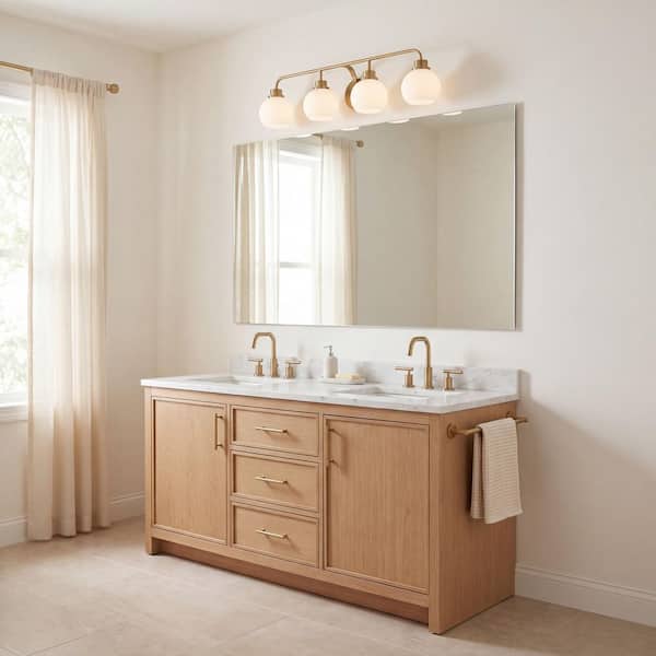 Meridian 32 in. W x 8.25 in. H 4-Light Natural Brass Contemporary Bathroom Vanity Light with White Opal Glass Shades
