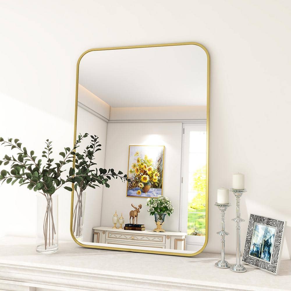 26 in. W x 37.8 in. H Rectangular Aluminum Alloy Framed Rounded Modern Gold Wall Mirror