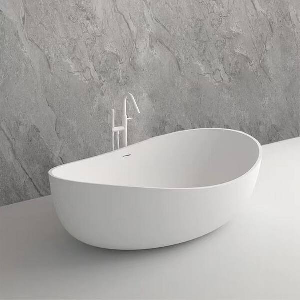 Vanity Art 63 in. L x 37.4 in. W Soaking Freestanding Stone Bathtub with Center Drain in White