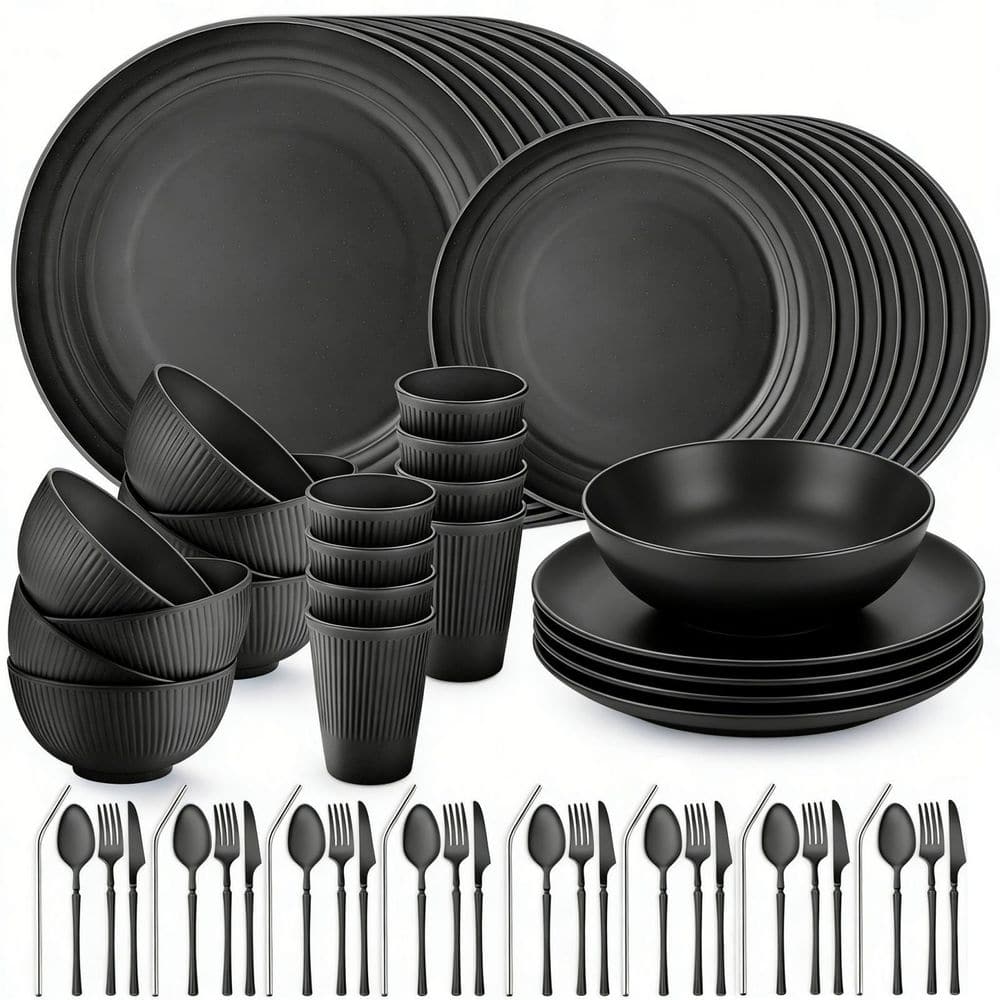 Numhew 64-Piece Black Wheat Straw Dinnerware Set Service for 8