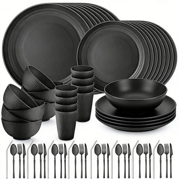 64-Piece Black Wheat Straw Dinnerware Set Service for 8, Unbreakable, Reusable, Microwave and Dishwasher Safe
