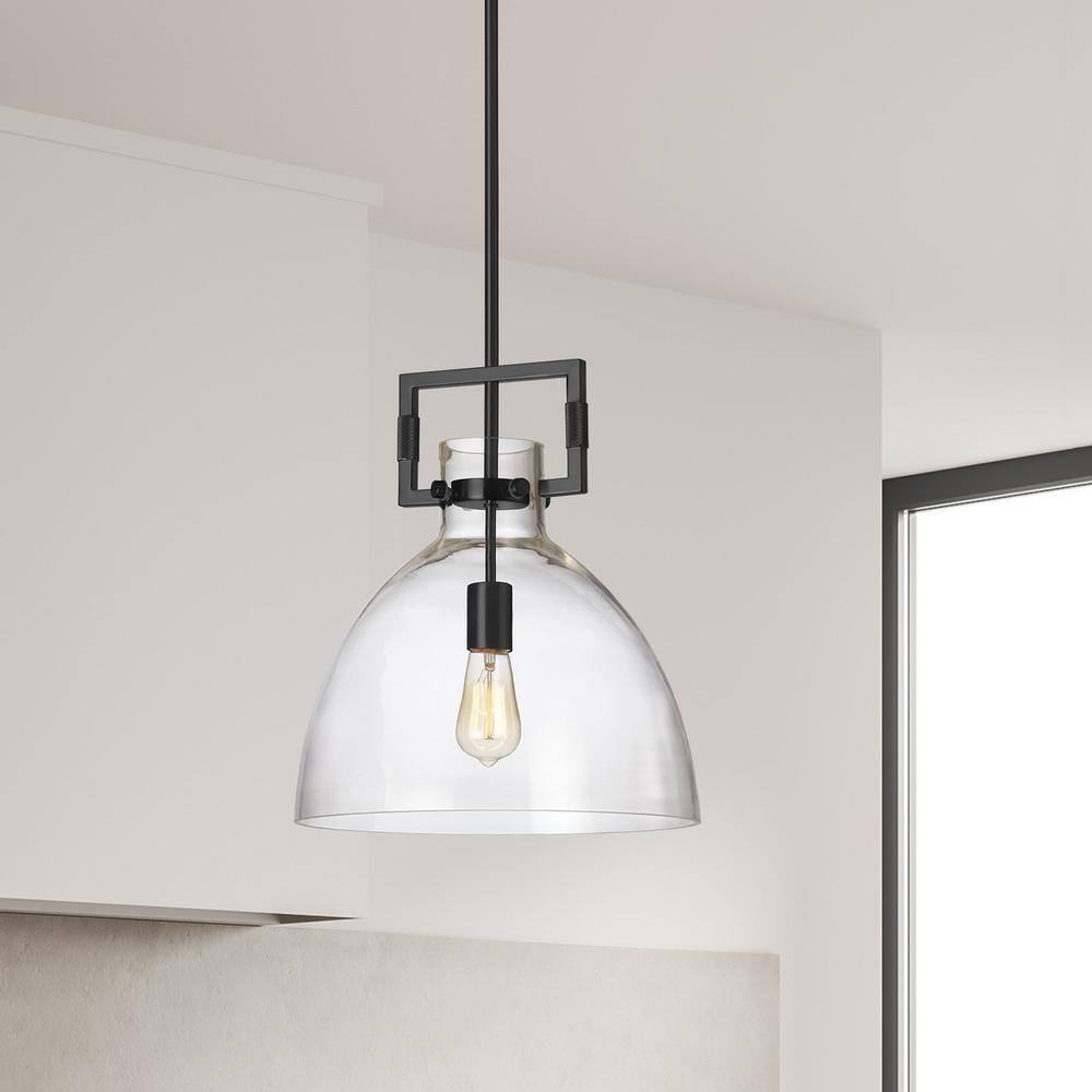 Matte Black Glass Dome Pendant Light with Aged Brass Finish