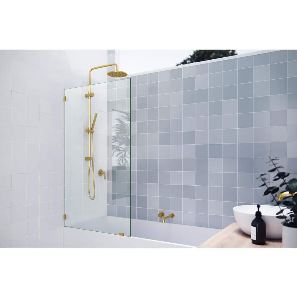 Satin Brass Frameless Fixed Panel Bathtub Door, 34" x 58.25"