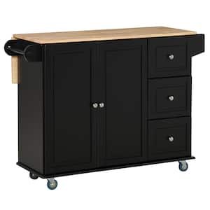Black Rubber Wood Drop-Leaf Countertop 50.75 in. Kitchen Island on Wheels with Storage Cabinet and Spice Rack