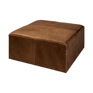 Minara 36 in. Brown Square Leather Wrapped with Wood Base Ottoman