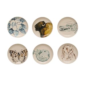 Beige Animal and Flower Designs Round Stoneware Dinner Plates (Set of 6)