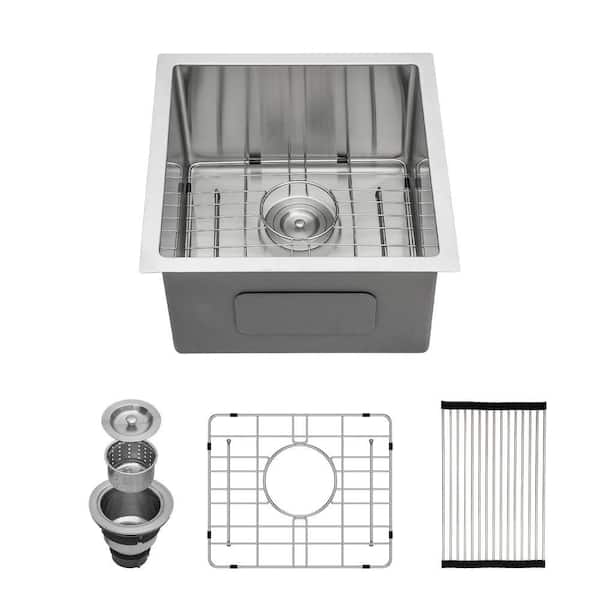 EPOWP Brushed Nickel 16 Gauge Stainless Steel 17 in. Single Bowl Undermount Workstation Kitchen Sink with Bottom Grid