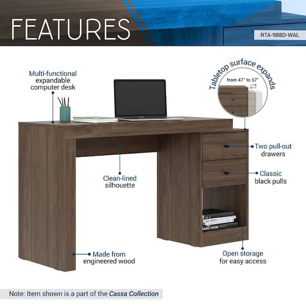 TECHNI MOBILI 18 in. Rectangular Expandable Home Office Writing Desk Walnut RTA 988D WAL