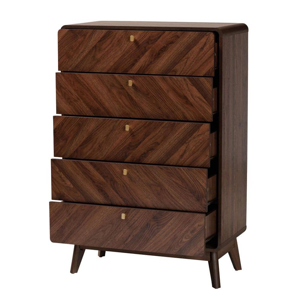 Walnut Brown Mid-Century Modern 5-Drawer Storage Chest