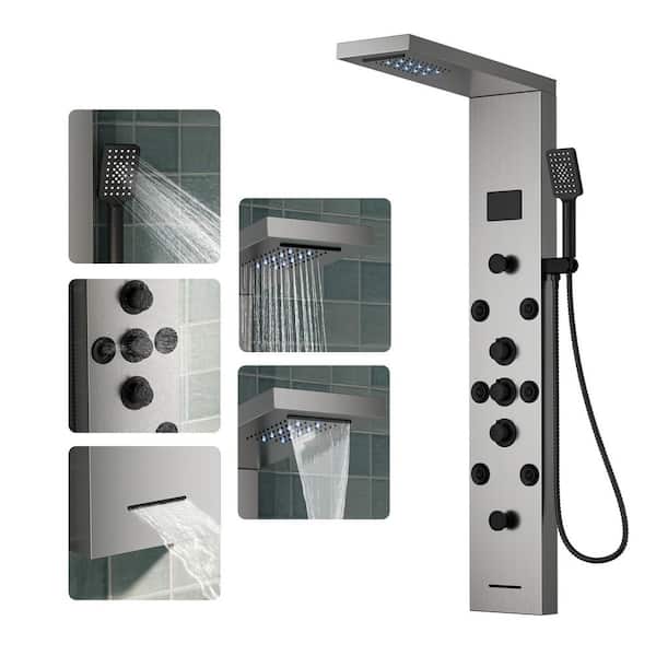 6-in-One 6-Jet Shower Panel Tower System with Rainfall Waterfall Head in Brushed Nickel