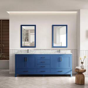 84 in. W x 22 in. D Solid Wood Freestanding Blue Bath Vanity with Carrara White Marble Top and Double Ceramic Sink