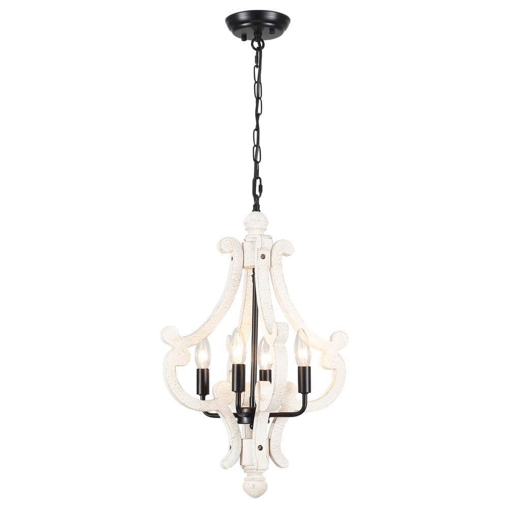 4-Light Black Farmhouse Chandelier Rustic White Shade Wood Light Fixture Ca