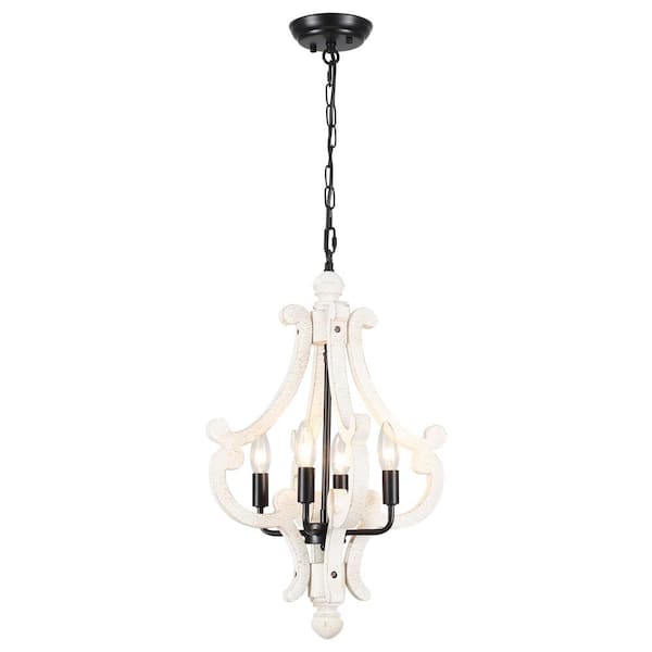4-Light Black Farmhouse Chandelier Rustic White Shade Wood Light Fixture Cage Pendant Lighting