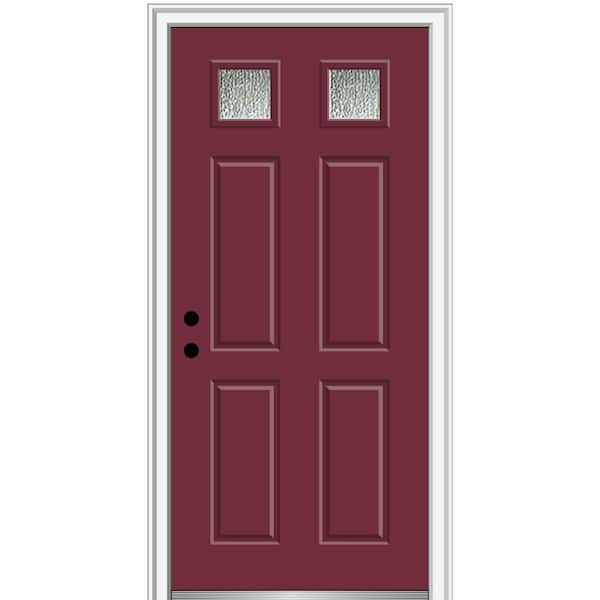 MMI DOOR 36 in. x 80 in. Right-Hand/Inswing Rain Glass Burgundy Fiberglass Prehung Front Door on 4-9/16 in. Frame