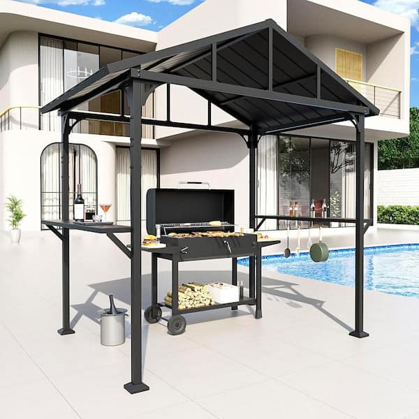 8 ft. x 5 ft. Outdoor Metal Grill Gazebo with Triangular Structure Roof, Side Shelves and Hook, BBQ and Sunshade Shelter