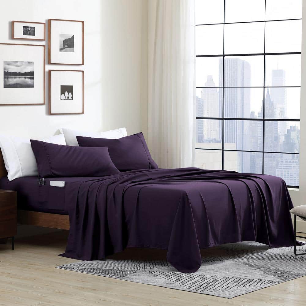 Eggplant Full/Double Polyester Microfiber Sheet Set with Smart Pockets