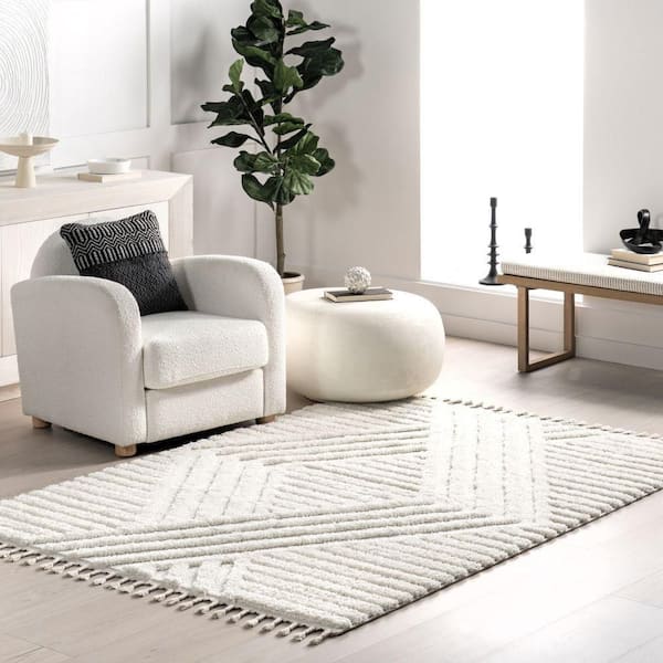 Risette Geometric Shag Tassel Beige 7 ft. 10 in. x 10 ft. Area Rug