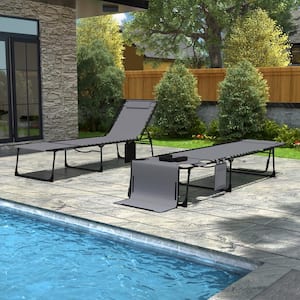 2-Piece Metal Outdoor Lounge Chairs Chaise Lounges with Face Hole, Pillow and Pocket in Dark Gray