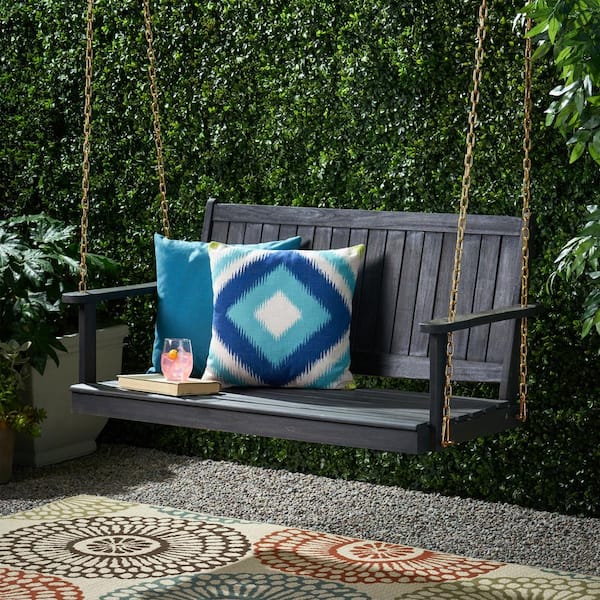 Zeus & Ruta Dark Gray 48 in. 2-Person Acacia Wood Outdoor Porch Swing with 8 ft. Chains Support 600 lbs.