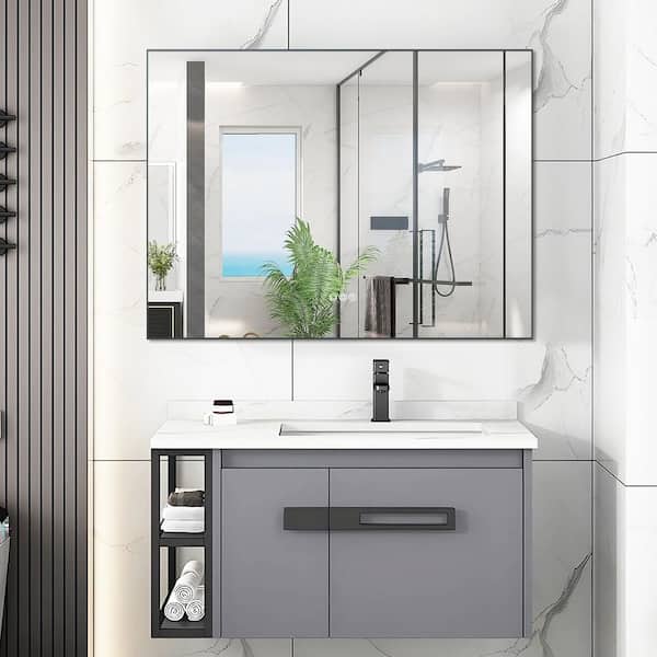 FORCLOVER 48 in. W x 36 in. H Rectangular Framed Anti-Fog Dimmable Backlit LED Wall Bathroom Vanity Mirror in Gun Gray Metal