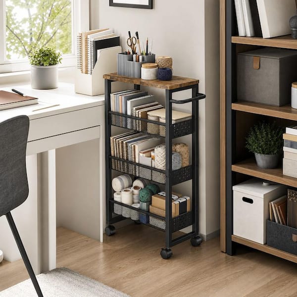 4-Tier Black Utility Slim Storage Cart with Wheels, Pantry Organizer with Wood Top for Narrow Space